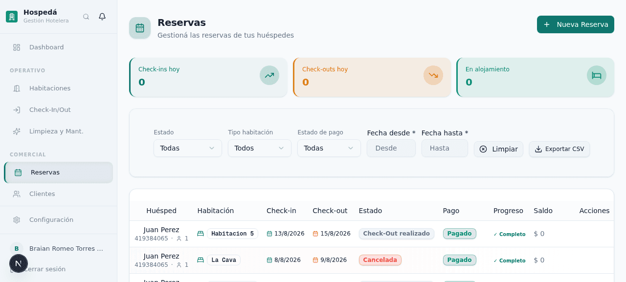 Reservas y Calendario — captura de pantalla